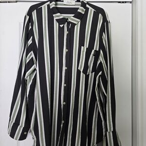 Women's Striped Button-Up Blouse in Black, White & Olive